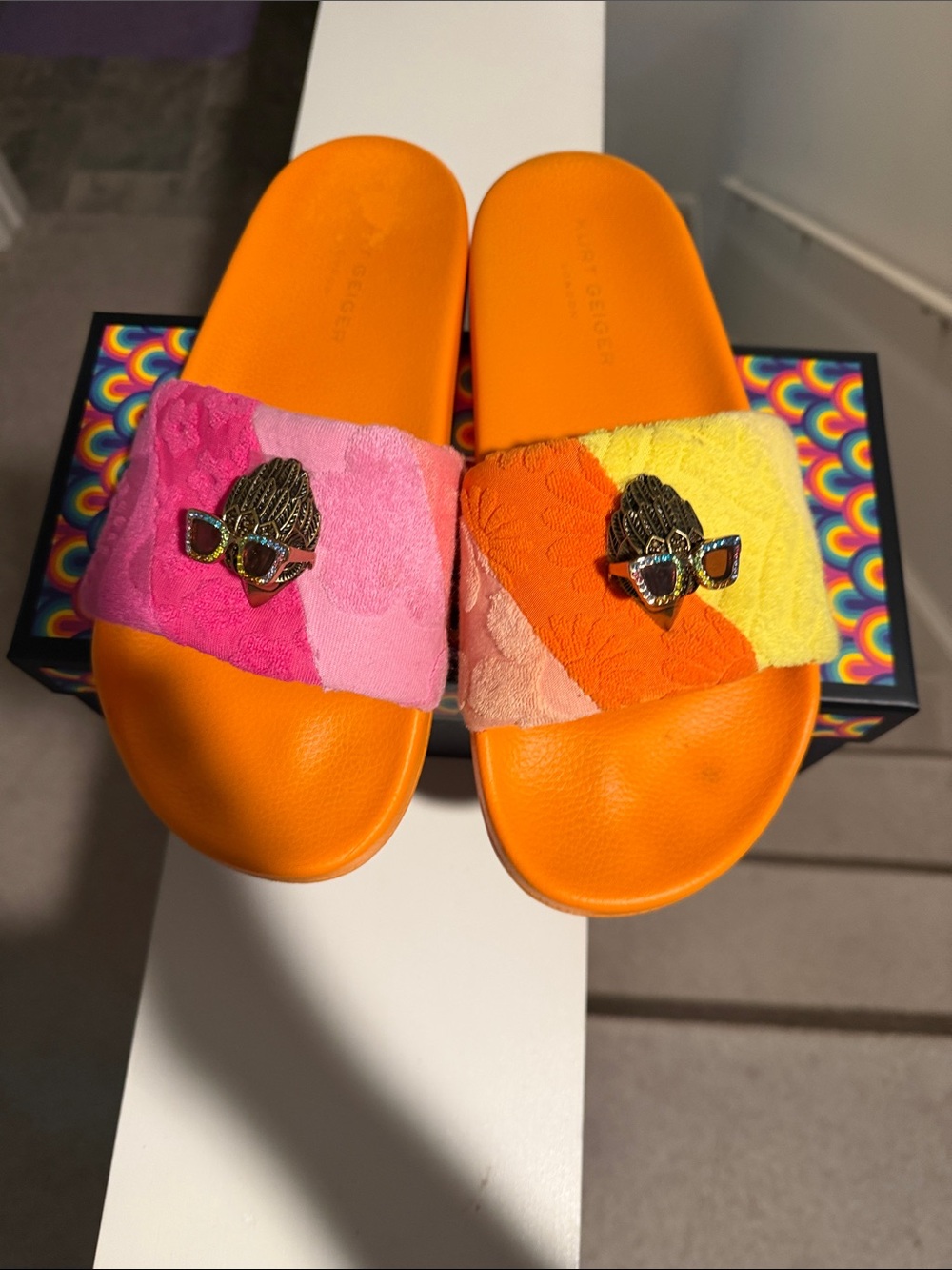 Kurt Geiger Bright Orange Slides with Pink & Yellow Terry Straps